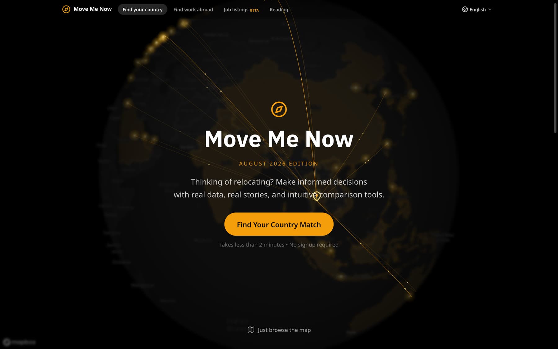 Move Me Now home page: a glowing globe behind the title