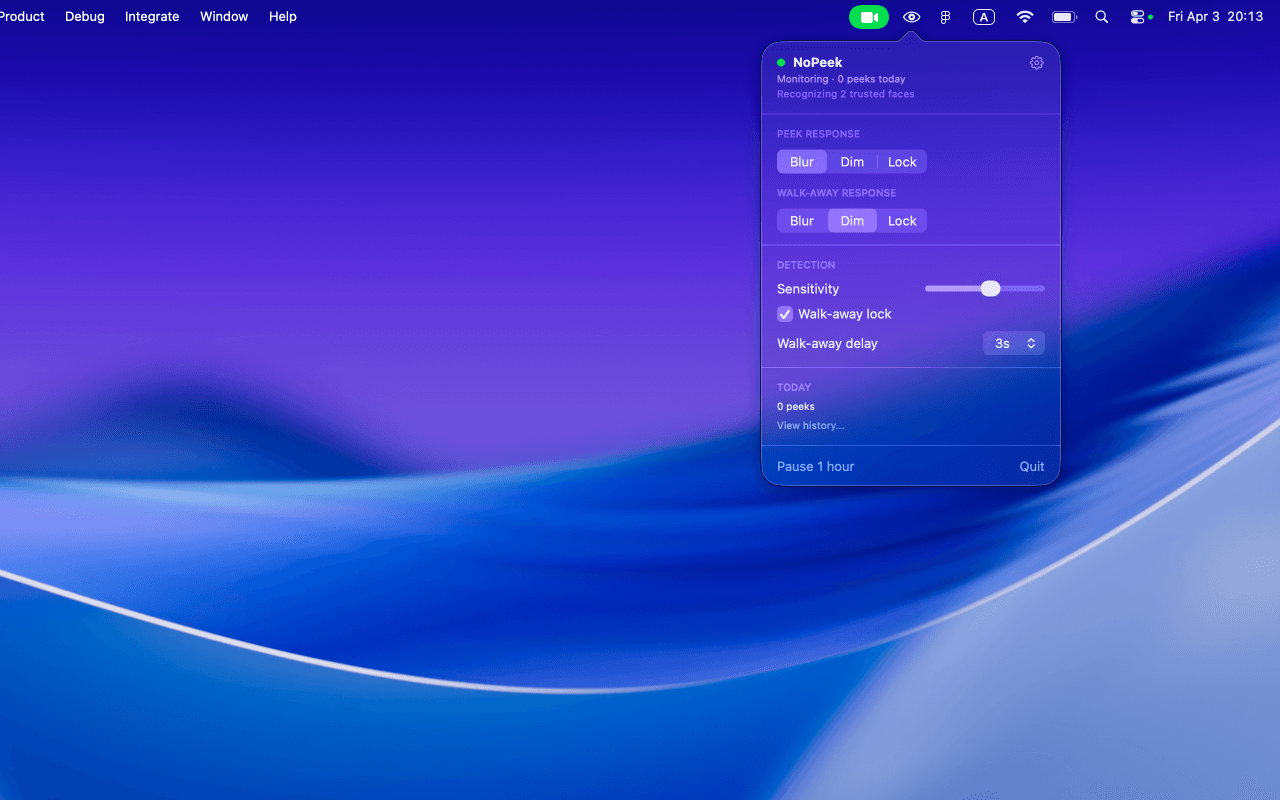 NoPeek menubar controls on a Mac desktop